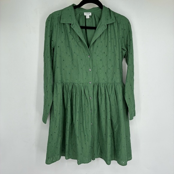 J. Crew Dress Eyelet Mini Shirt Dress Womens 4 Spring Kelly Long Sleeve 2024 - Picture 6 of 11
